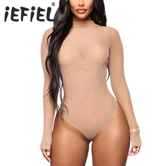 Womens Girls Fashion See-through Long Sleeve Bodysuit Lingerie Nightwear Crew Neck High Cut Leotard for Dating Nightclub Teddies
