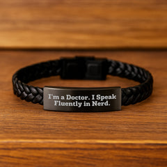 Funny Doctor Gifts, Interlaced Leather Bracelet for Graduation, 'I'm A Doctor. I Speak Fluently In genius.' Quote, Gifts from Men to Doctor - Image 2