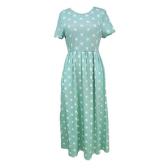 Women's Summer Short Sleeve Polka Dot Print Long Dresses Casual Beach Sundress With Pockets