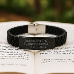 Funny Fitness Trainer Gifts from Friends for Graduation: 'Retired Fitness Trainer. Figure It Out Yourself.' Glide lock Clasp Black Stainless Steel Silicone Adjustable Bracelet - Image 2