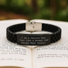 Funny Janitor Gifts from Dad - I Am A Janitor Dad. Just Like A Normal Dad Except Much Cooler. Glide lock Clasp Black Stainless Steel Adjustable Graduation Unique Gifts for Janitor Men - Image 2
