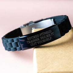 Funny Fitness Trainer Gifts from Friends for Graduation: 'Retired Fitness Trainer. Figure It Out Yourself.' Glide lock Clasp Black Stainless Steel Silicone Adjustable Bracelet - Image 3