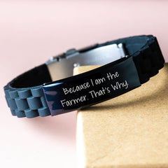Funny Farmer Gifts from Friends - Glide lock Clasp Black Stainless Steel Silicone Adjustable Graduation Unique Gifts for Him Because I Am The Farmer. That's Why. - Image 3