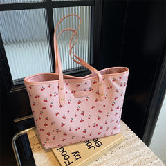 Women PU Simple Carrying Bag Bow/Cherry Trendy Tote Handbag Zipper Closure Stylish Shoulder Purse Soft Commuting Bag
